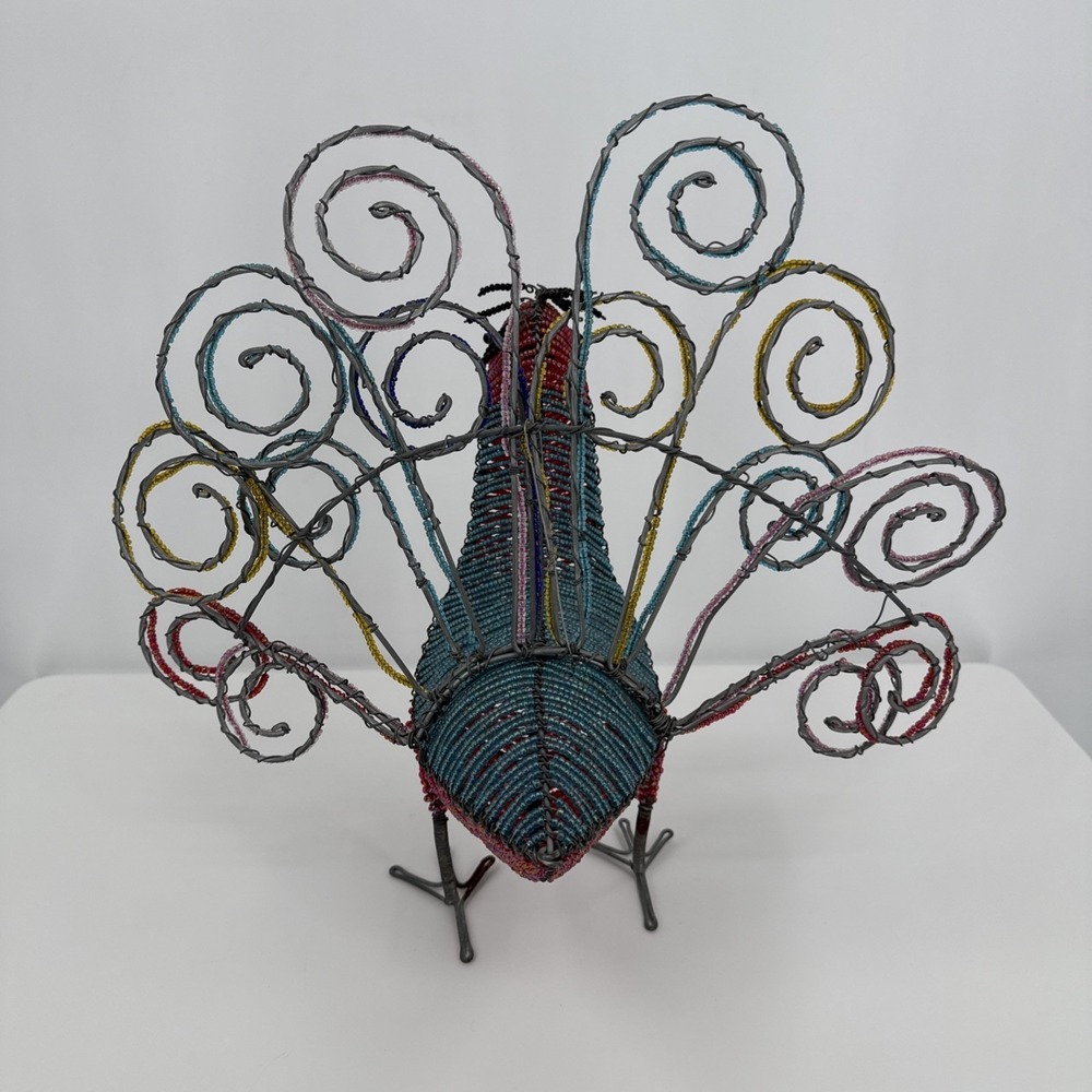 Beadworx Beaded Peacock Figurine Wire and‎ Bead Art Freestanding Bird - Picture 7 of 13